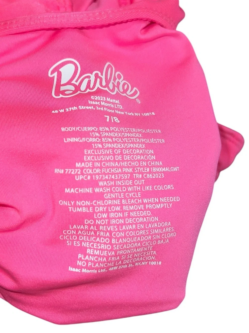 Barbie Girls Pink One Piece Swimsuit Size 7/8 Metallic Logo Bow Back